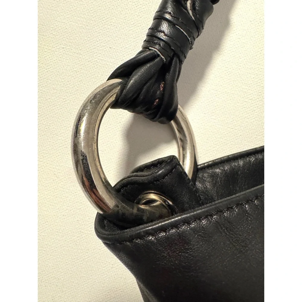 B. Makowsky Y2K Black Leather Hobo Bag Brown Whipstitch Silver‎ Ring Hardware